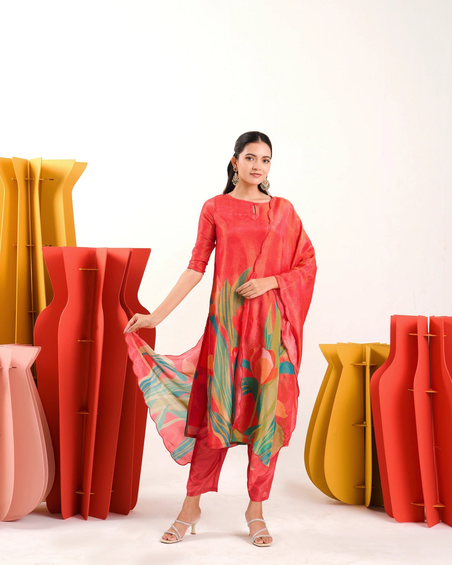 Rudrani Coral Red Straight Suit Set with Floral shimmer tissue Dupatta