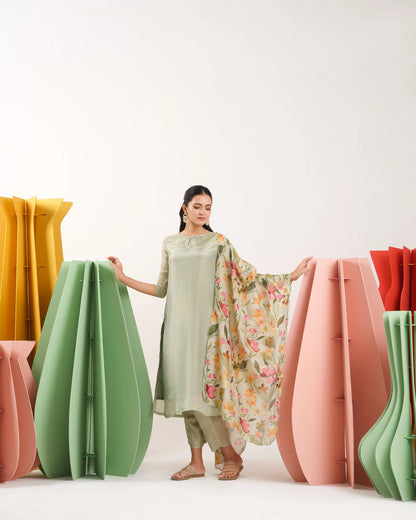 Prakruti Pastel Green Straight Suit Set with Printed shimmer tissue Dupatta