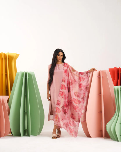 Manjari Pastel Pink Straight Suit Set with Shimmer tissue silk Dupatta