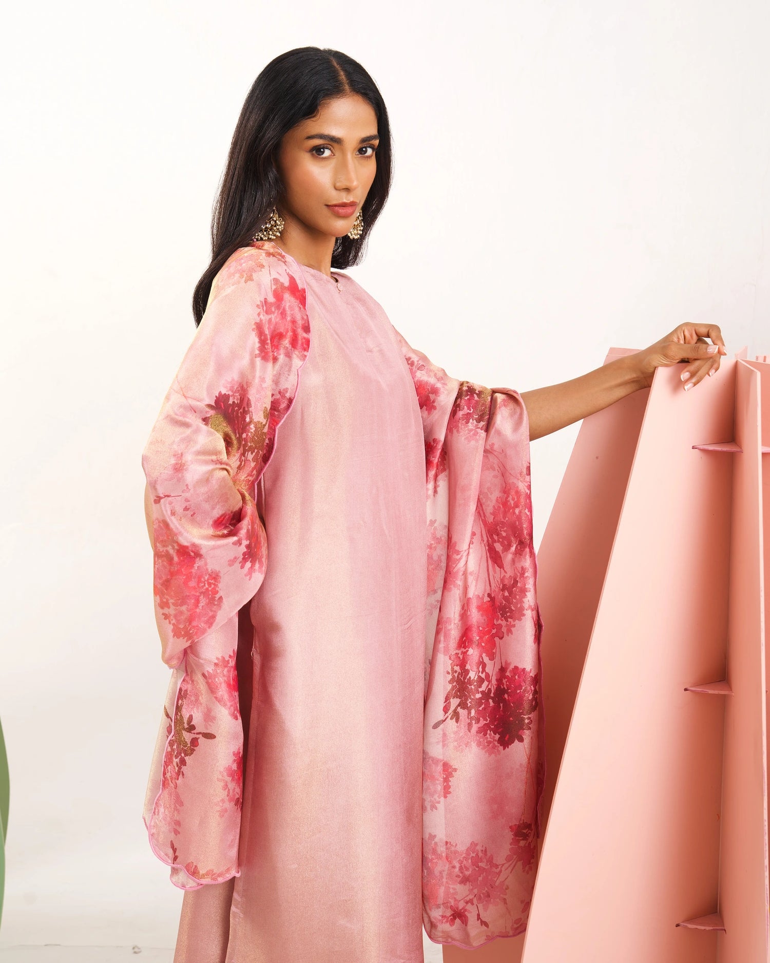 Manjari Pastel Pink Straight Suit Set with Shimmer tissue silk Dupatta