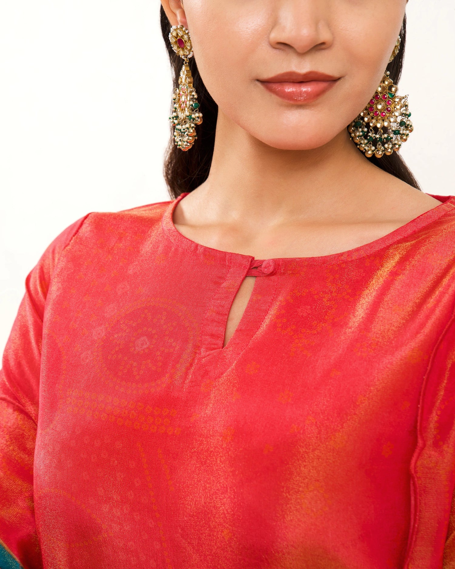 Rudrani Coral Red Straight Suit Set with Floral shimmer tissue Dupatta