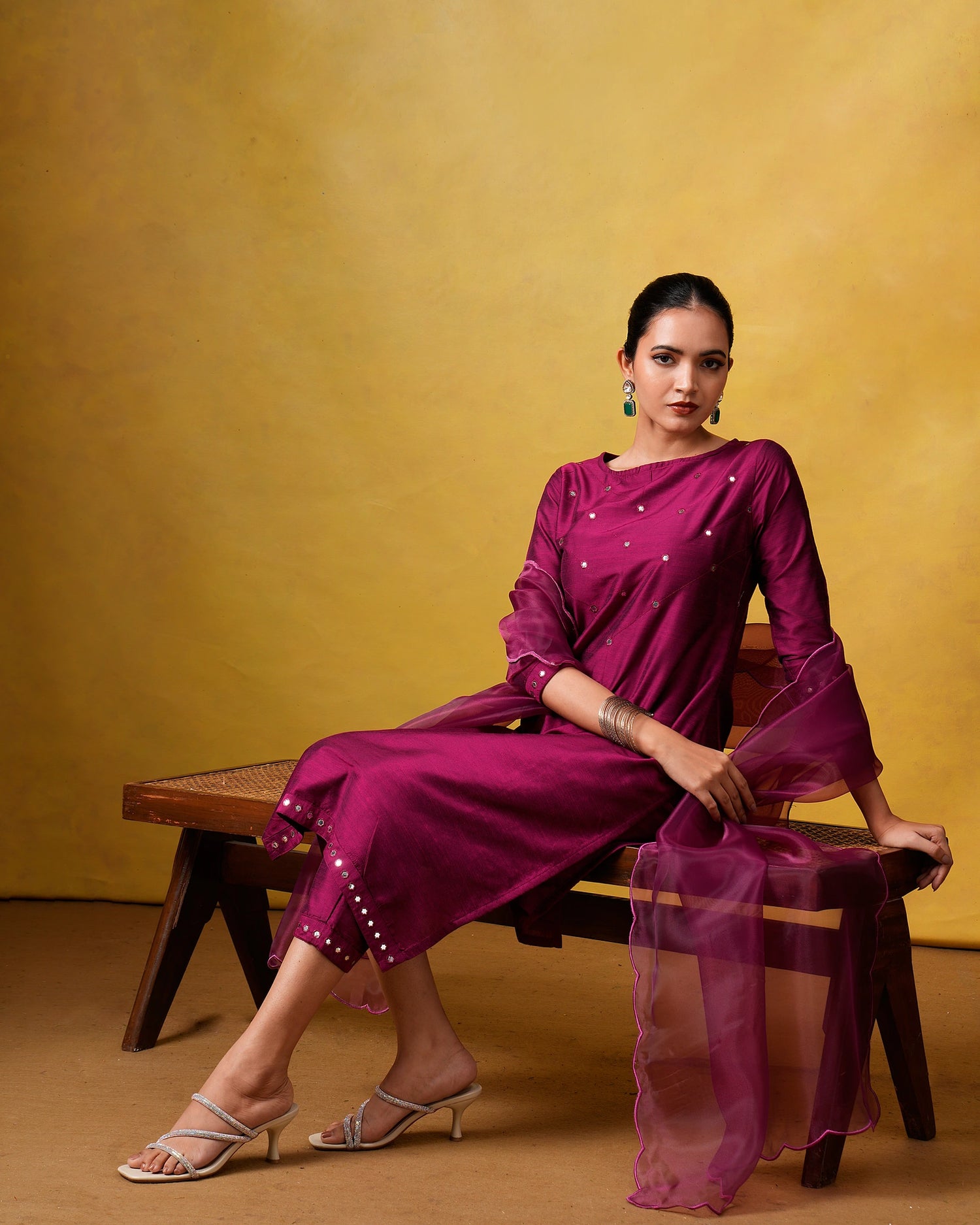 Vinmeen Plum Suit Set with Organza Dupatta