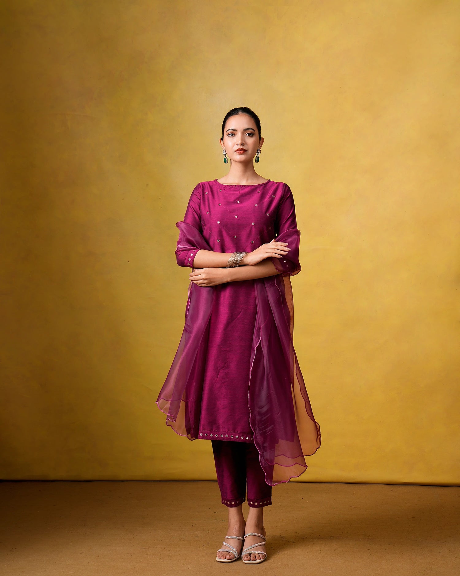 Vinmeen Plum Suit Set with Organza Dupatta