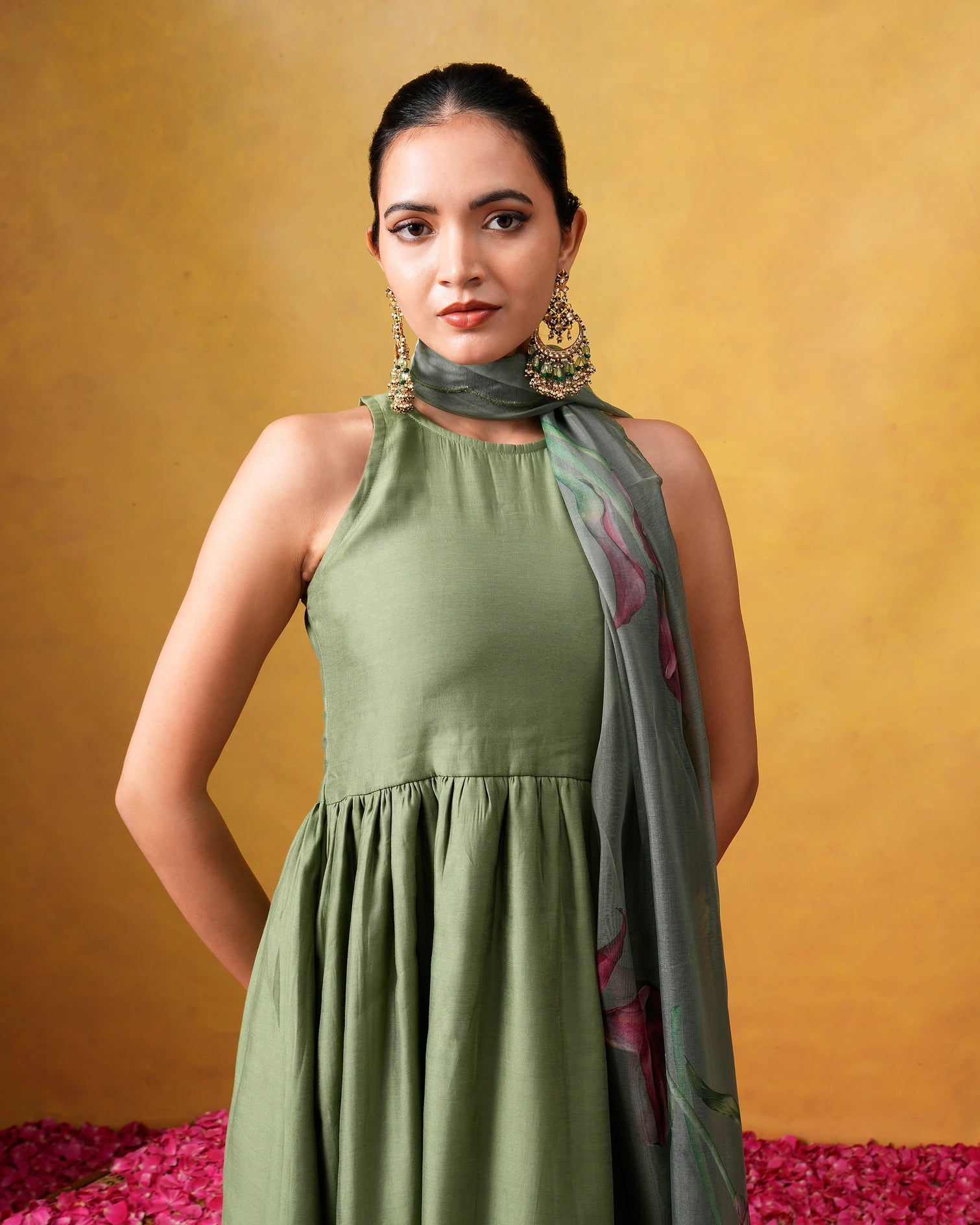 Bhumi Sleeveless Green Flared Suit Set with Organza Dupatta