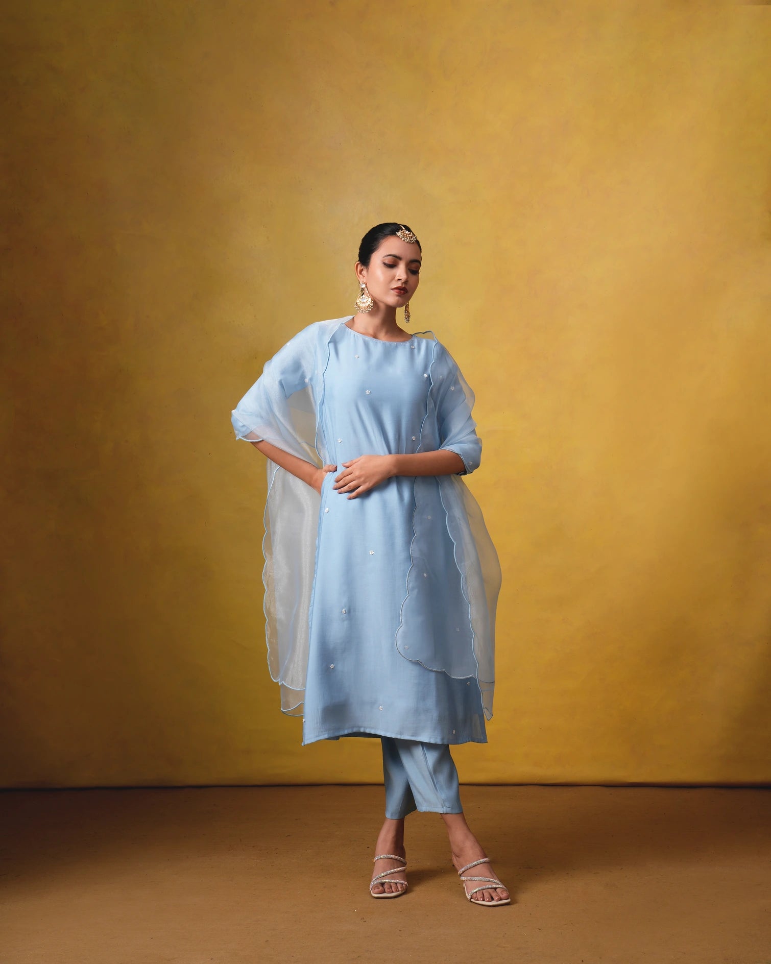 Aura Light Blue Suit Set with Hand Embroidery and Organza Dupatta