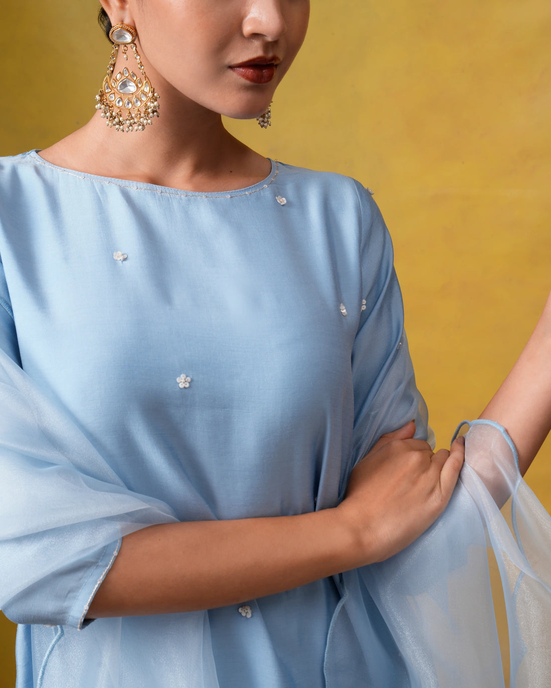 Aura Light Blue Suit Set with Hand Embroidery and Organza Dupatta