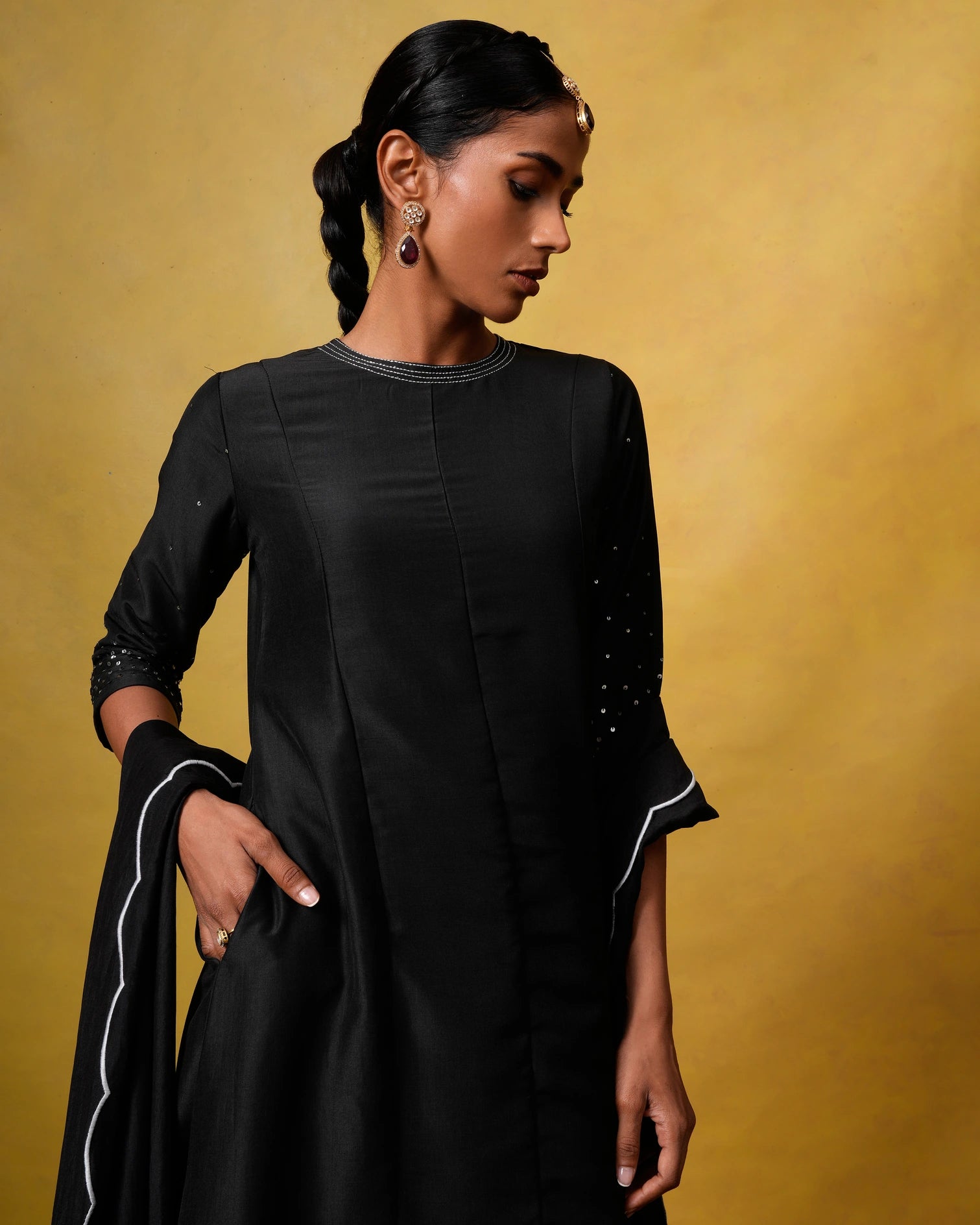 Andam Black Party Wear Suit Set with Hand embroidery